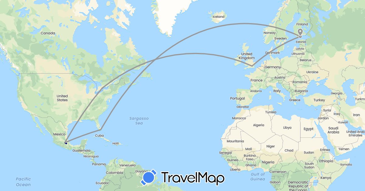 TravelMap itinerary: driving, plane in Canada, Finland, United Kingdom, Mexico, United States (Europe, North America)
